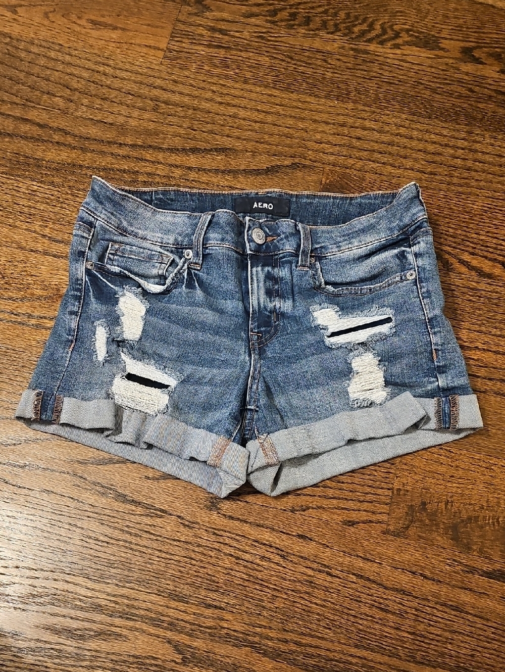 Aeropostale Women's Distressed Rolled-Hem Low Rise Midi Denim Shorts - Blue